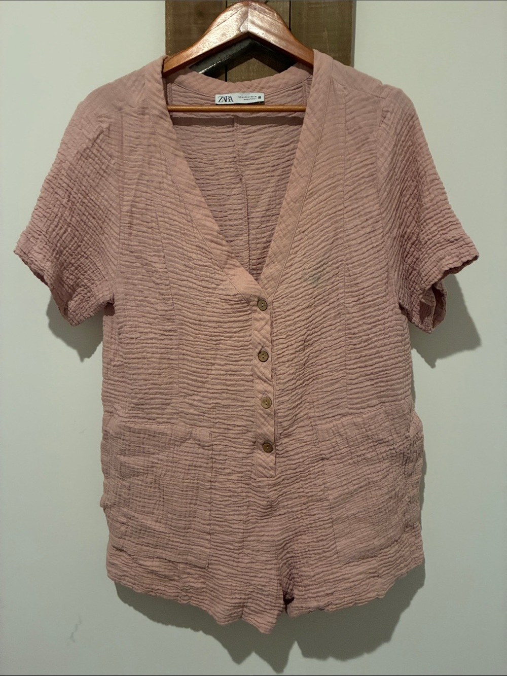 Zara Dusty Rose Textured Button-Front Romper